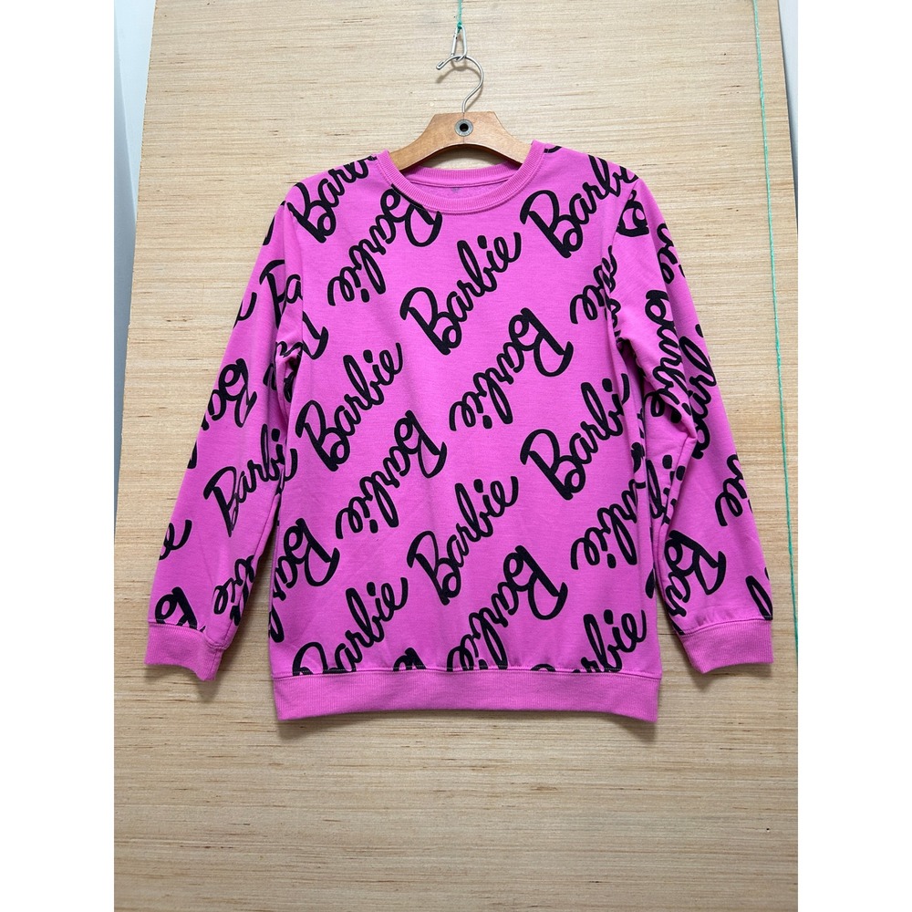 Barbie Pink All Over Script Logo Crew Neck Sweatshirt Girls Size 14/16 Mattel